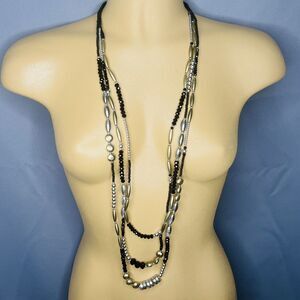 Chico's Statement Necklace Long Layered 3 Strand Beaded Black Silver Gold 1120